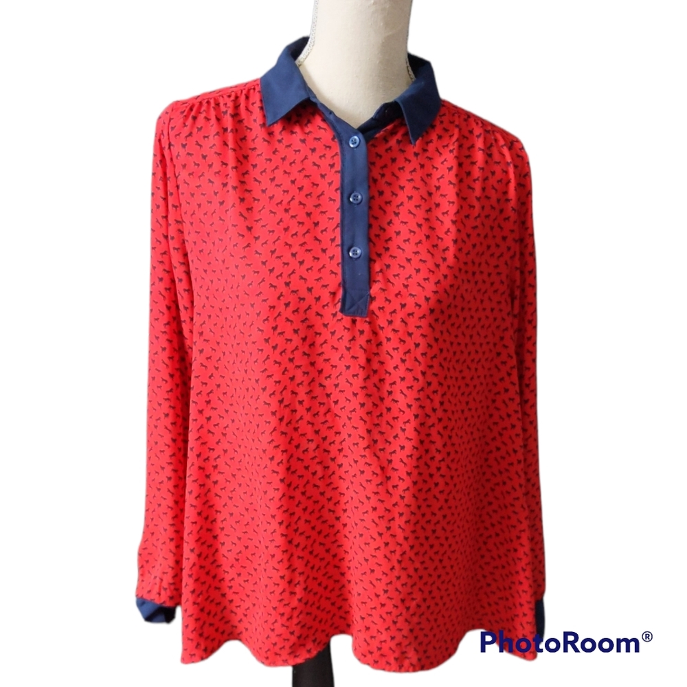 FREE PEOPLE Horse Print Flowy Half Buttoned Collared Blouse Size Small
